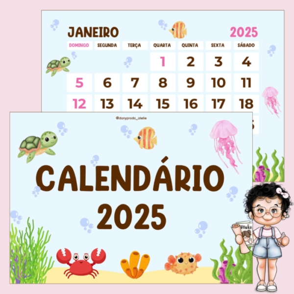 Calendário 2025 Tema Fundo do Mar